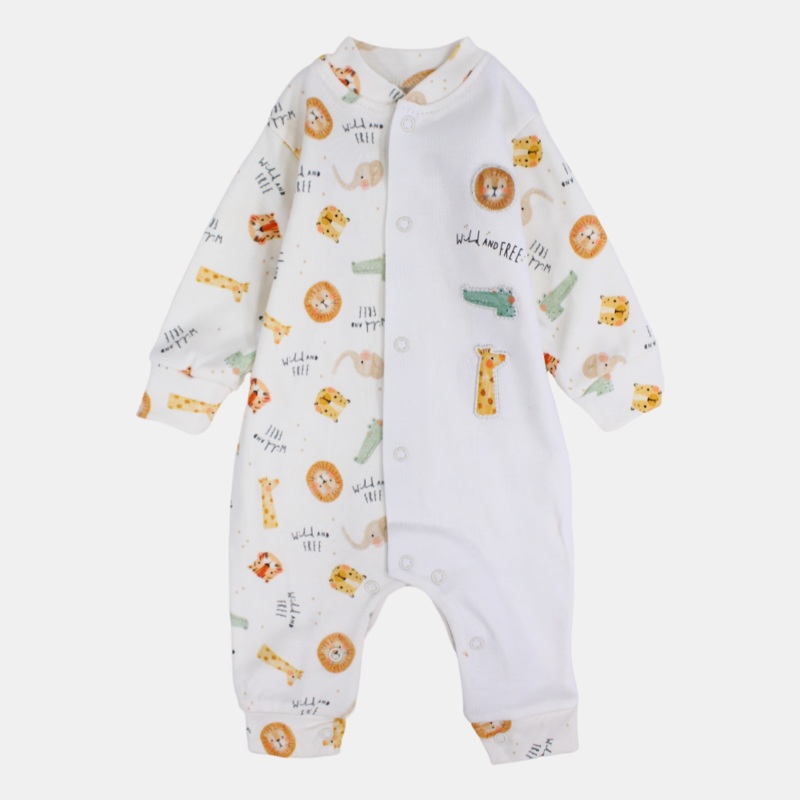 Baby Boys’ Long-Sleeved Footless Onesie  Off-White with Printed Animals