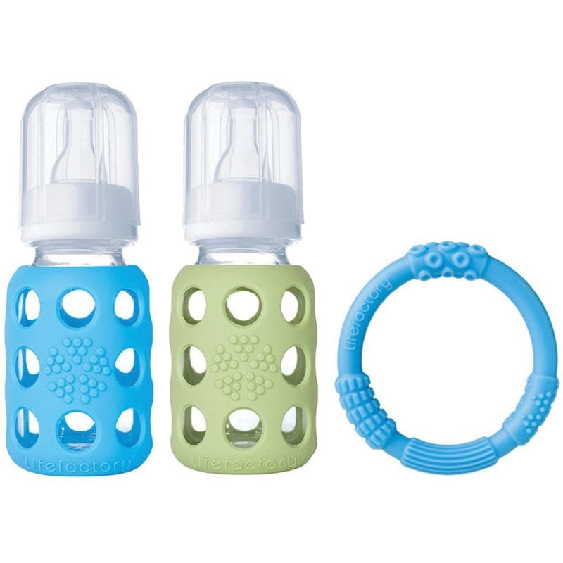 Lifefactory Glass Baby Bottle Gift Set, 4 oz – Sky/Spring Green