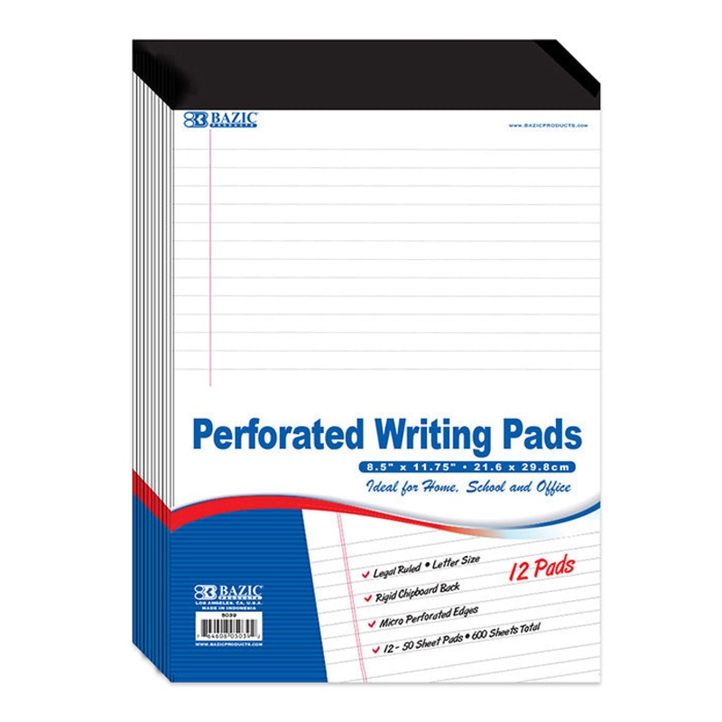 BAZIC 50 Ct. 8.5″ X 11.75″ White Perforated Writing Pads (12/Pack)