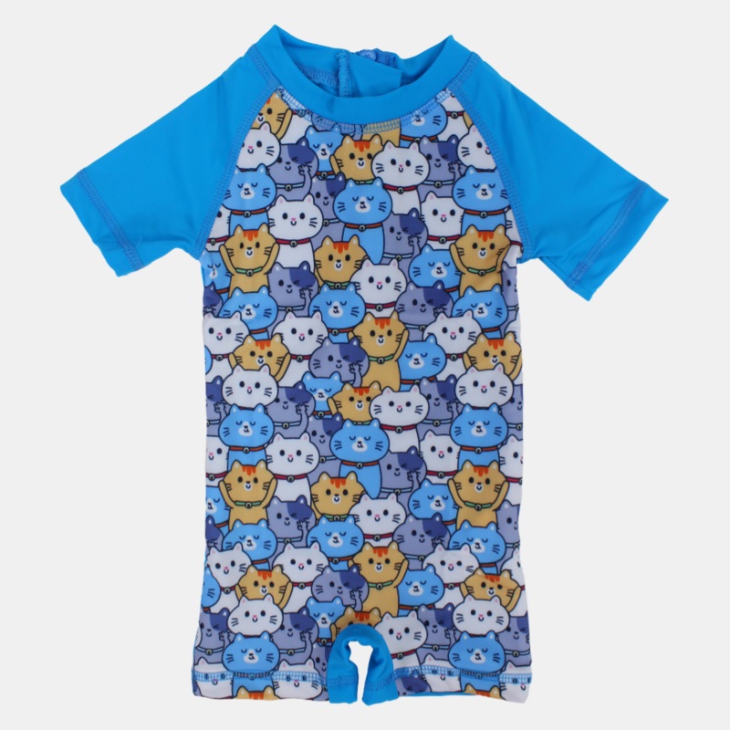 Baby Girls Swimsuit Overall  Turquoise Cat Print
