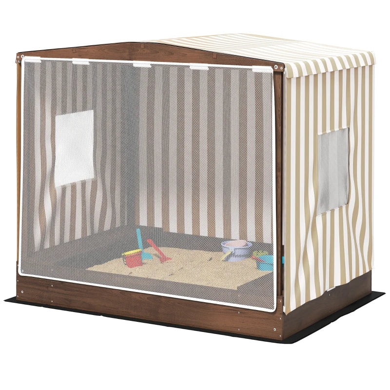 Qaba Kids Wooden Sandbox with Canopy Fully Covered, 2 Bench Seats, Bottom Liner, 56″ x 40″ x 52″, Brown