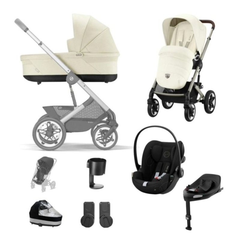 Cybex Talos S Lux Pushchair with Cloud G i-Size Car Seat and Base 10 Piece Bundle – Seashell Beige (Taupe Frame)