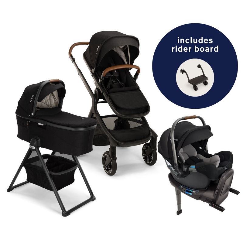 Nuna DEMI Next Stroller with Rider Board + DEMI Grow Bassinet with Stand + PIPA RX Travel System Bundle – Caviar