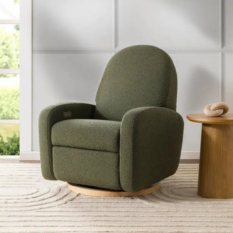 Babyletto – Nami Electronic Glider + Recliner – Luxe Olive Boucle with Light Wood Base