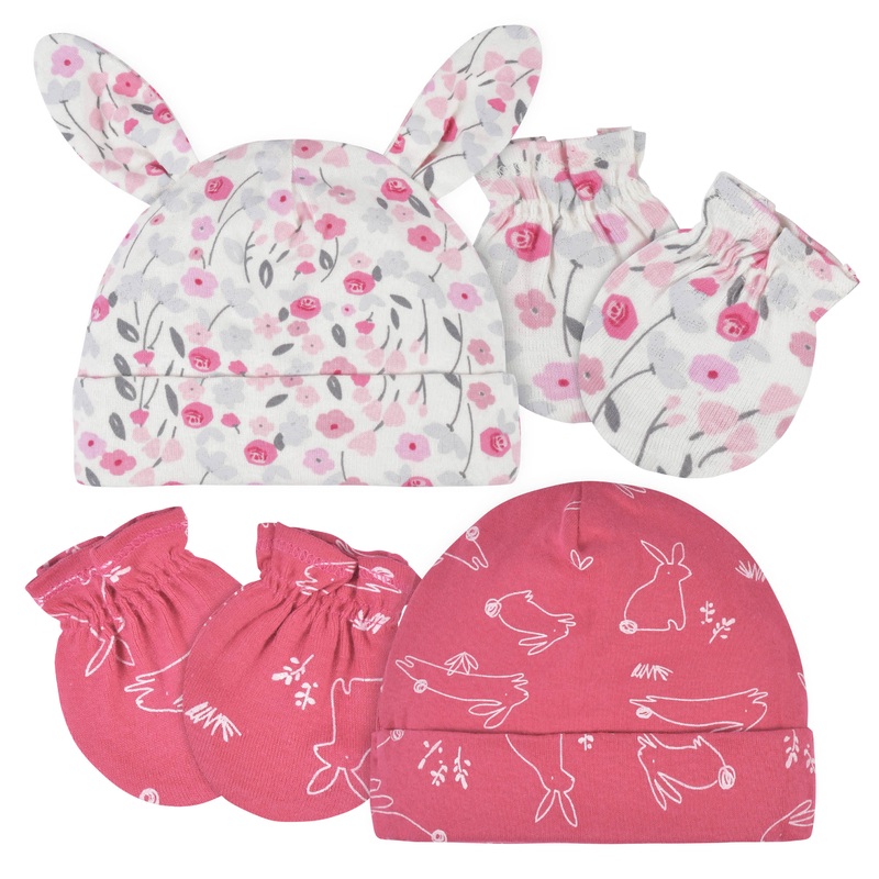 4-Piece Baby Girls Comfy Stretch Roses & Bunnies Caps & No Scratch Mittens Set