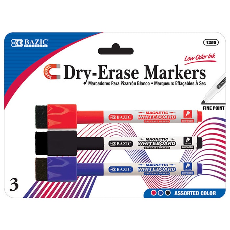 BAZIC Assorted Colors Magnetic Dry-Erase Markers (3/Pack)
