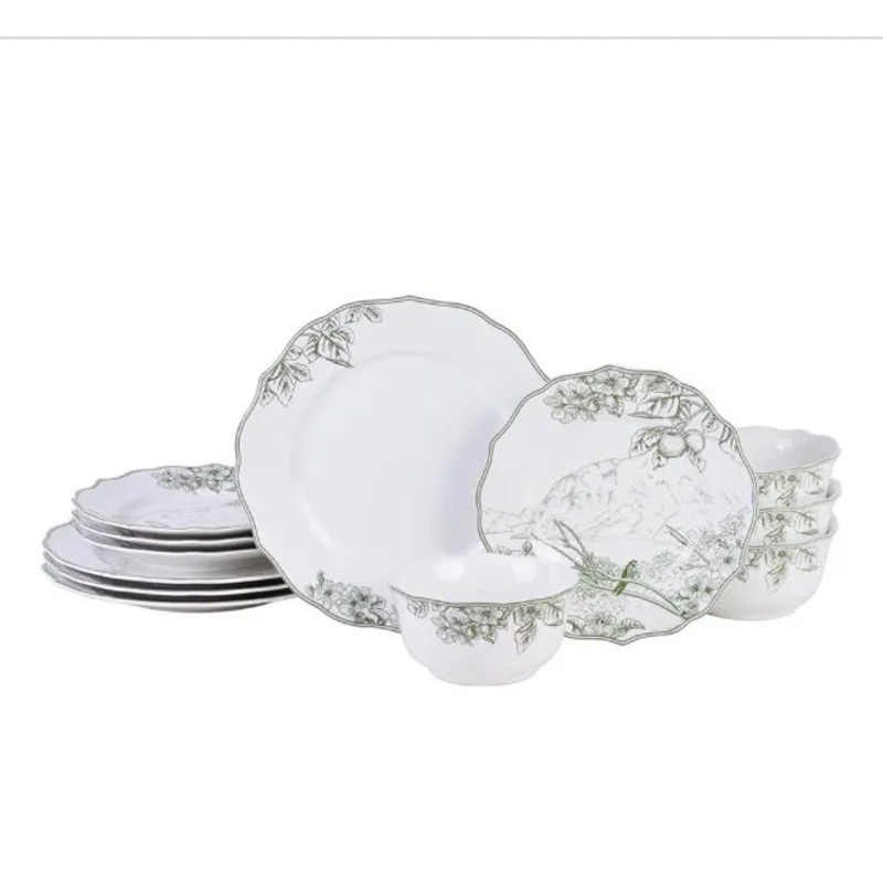 Traditional Green Porcelain Tableware Set – 12 Pieces