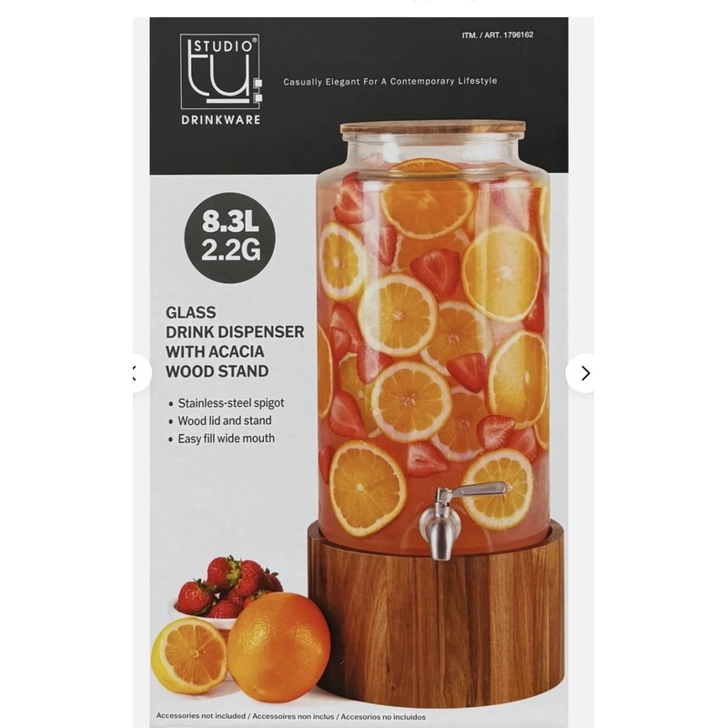 Studio Tu Glass Drink Dispenser with Acacia Wood Stand (See Description)