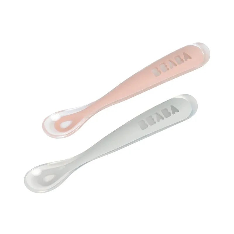 Set of 2 Easy-Grip 1st Stage Silicone Spoons – Grey + Pink