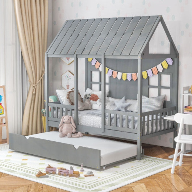 Twin Size Bed Frame House Bed With Trundle and 82 Inch Tall Roof-Gray
