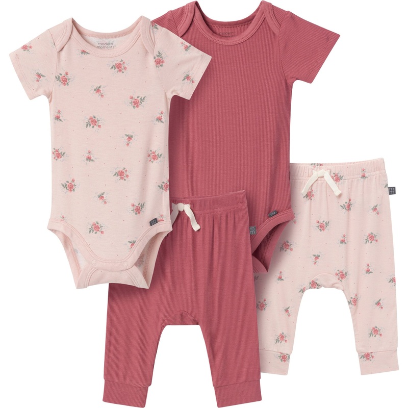 4-Piece Baby Girls Pink Roses Bodysuits and Pants Viscose Set