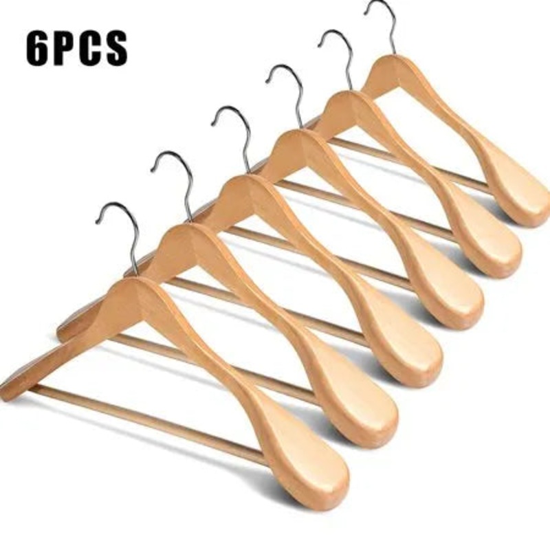 6 Pcs Wide Shoulder Wooden Hangers with Non Slip Pants Bar for Coat Clothes Dress Suit New