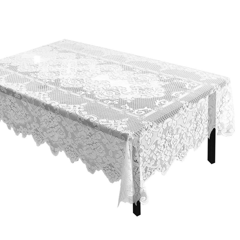 Rectangular Lace Tablecloth with Elegant Floral Patterns, White, 242 X 146 Cm