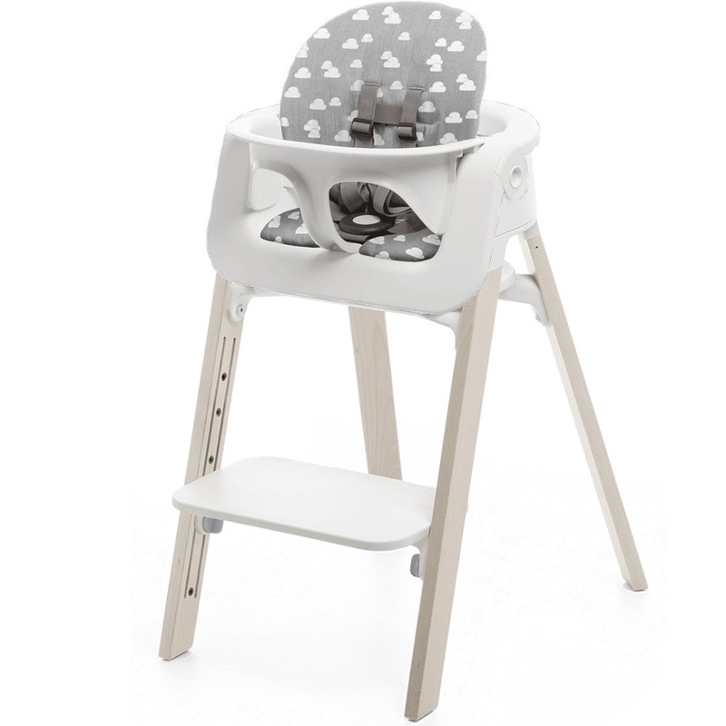 Stokke Steps Chair + Cushion (No Tray) – White/Whitewash/Grey Clouds
