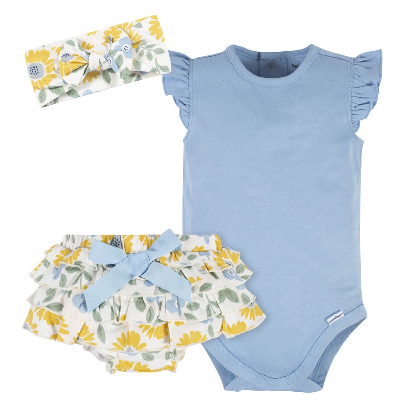 3-Piece Baby Girls Sunny Garden Onesies Bodysuit, Diaper Cover & Headband Set