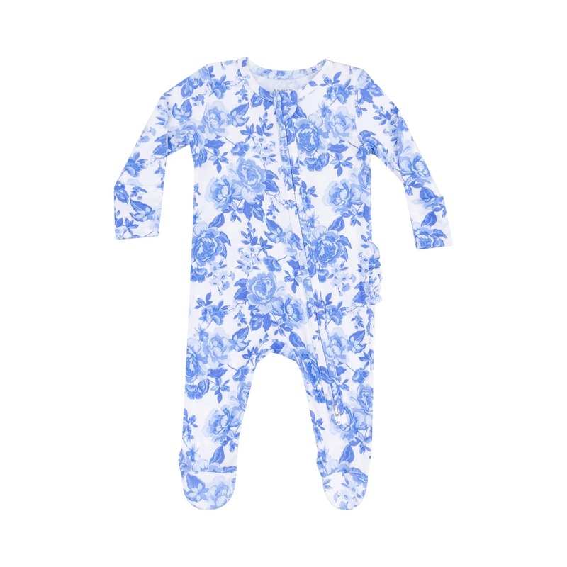 Roses in Blue 2-Way Zipper Ruffle Back Footie