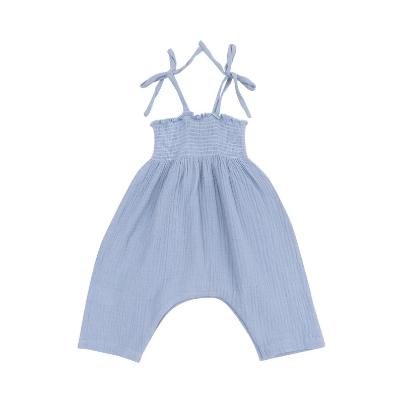 Angel Dear – Organic Smocked Tie-Shoulder Romper – Dusty Blue