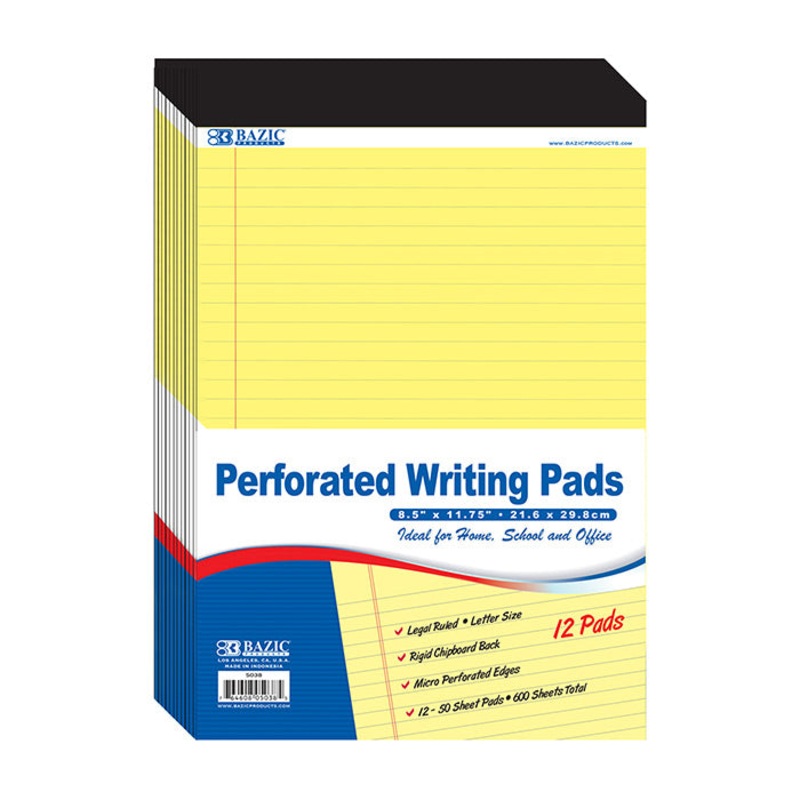 BAZIC 50 Ct. 8.5″ X 11.75″ Canary Perforated Writing Pads (12/Pack)