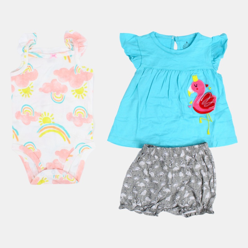Baby Girls Aqua Flamingo-Themed 3-Piece Cotton Outfit Set