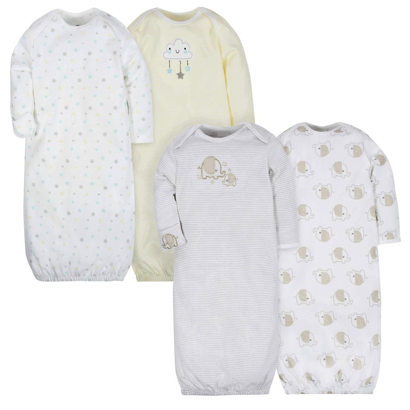 4-Pack Clouds & Elephants Baby Neutral Gowns