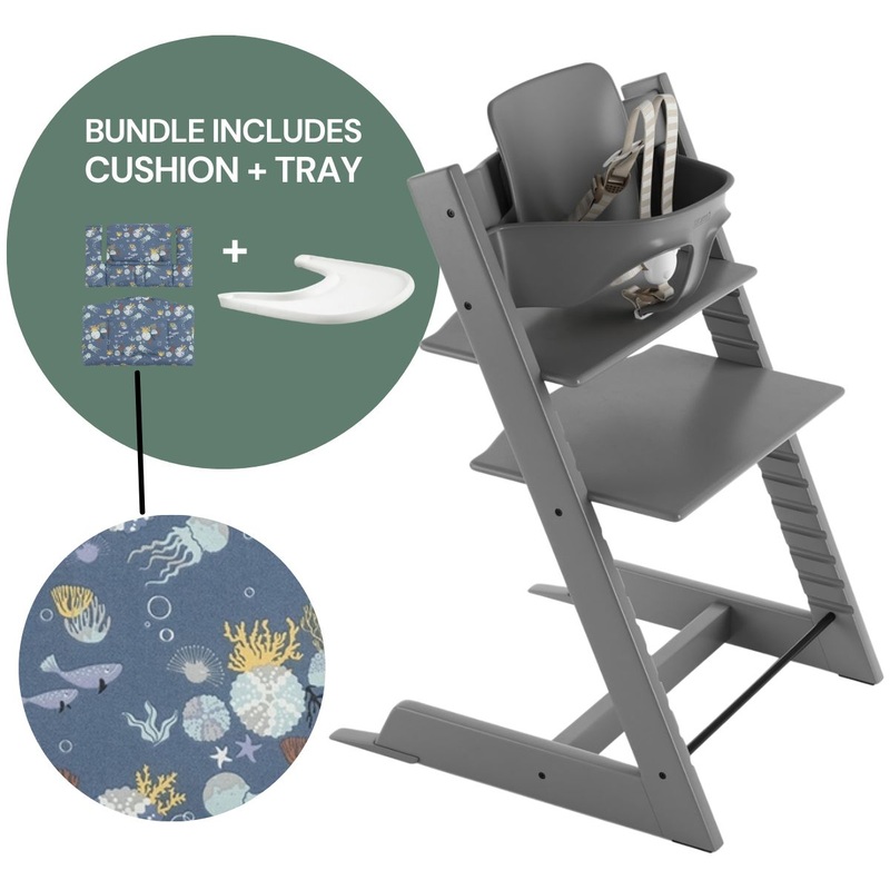 Tripp Trapp High Chair and Cushion with Stokke Tray — Storm Grey / Into the Deep