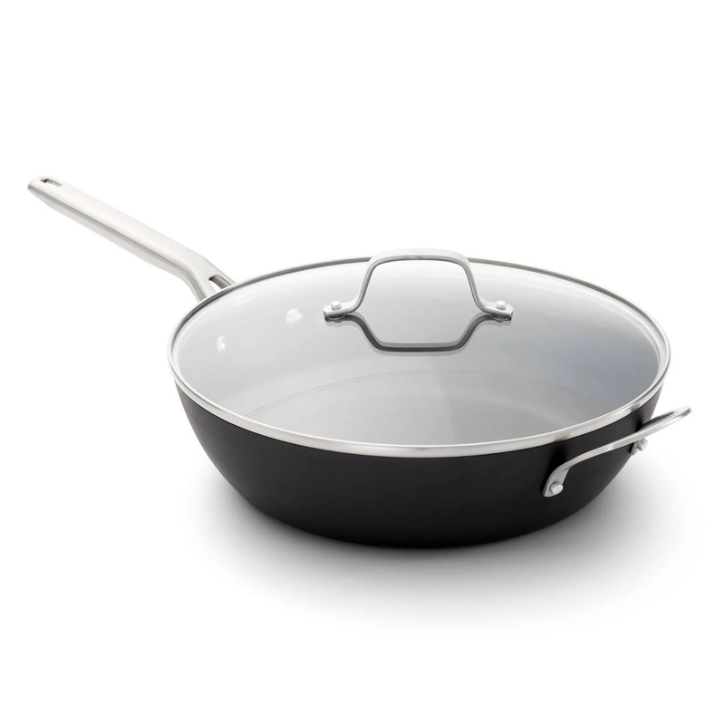 12″ Hard Anodized Nonstick Jumbo Fry Pan with Lid: Stay-Cool Silicone Handle, Tempered Glass, Dishwasher-Safe