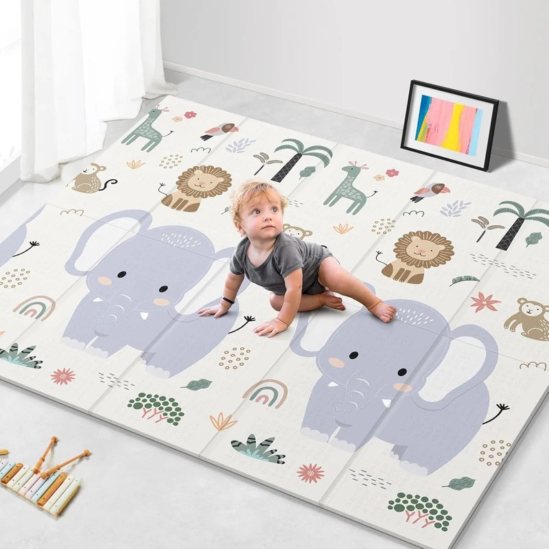 79×71 Foldable Play Mat for Baby – Elephant/Monkey