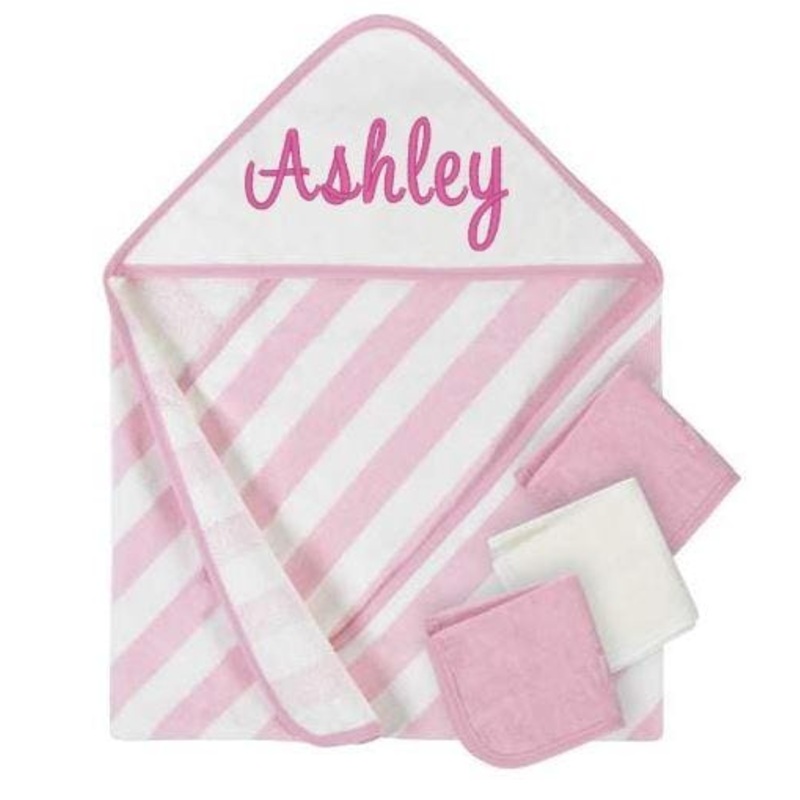 Embroidered 4-Piece Girls Striped Pink Hooded Towel & Washcloths Set