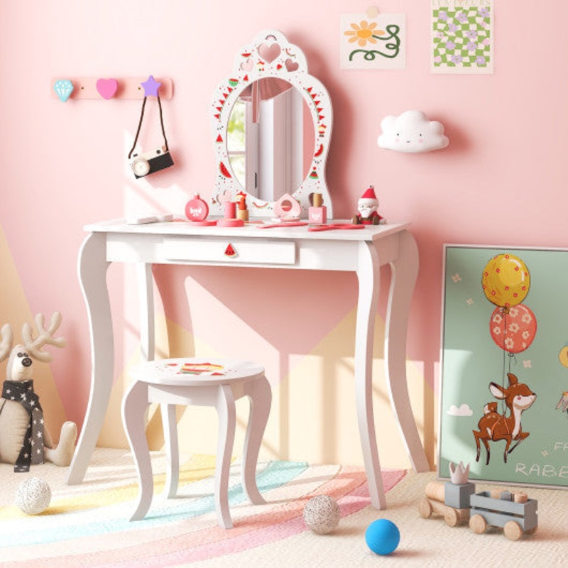 2 in 1 Children Pretend Makeup Vanity Set With Removable Mirror and Storage Drawer-White
