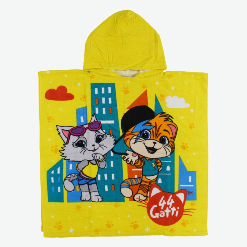 Girls Poncho Beach Towel with Hoodie – Yellow with 44 Gatti Print