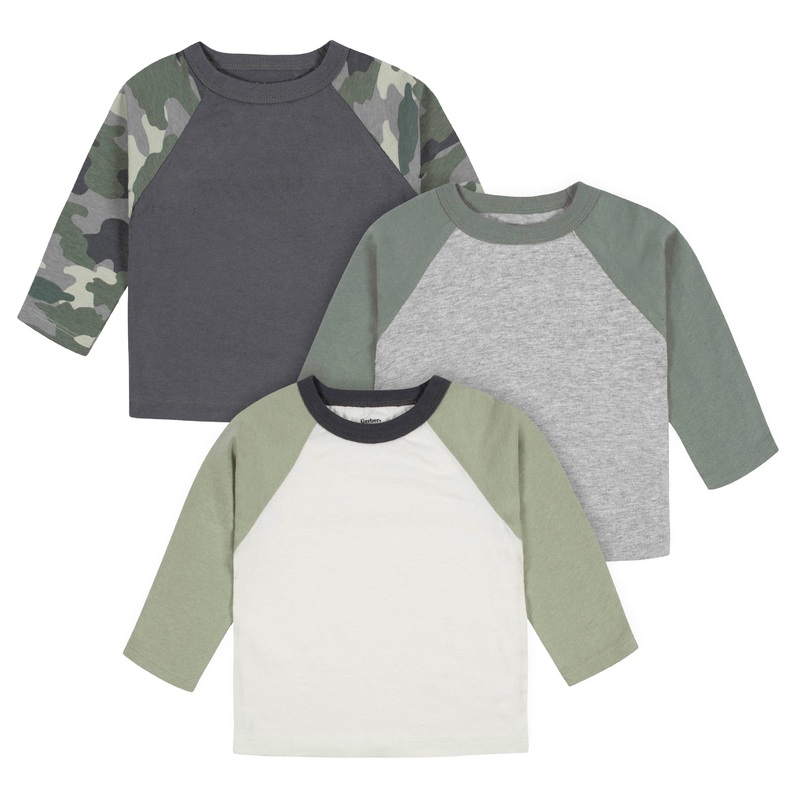 3-Pack Baby Boys Color Me Camo Long Sleeve Baseball Tees, 0-3M