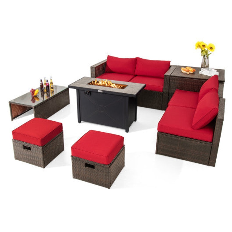 9 Pieces Outdoor Patio Furniture Set With 42 Inch Propane Fire Pit Table-Red