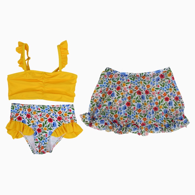 Girls 3-Piece Swimsuit  Yellow/White with Floral Print