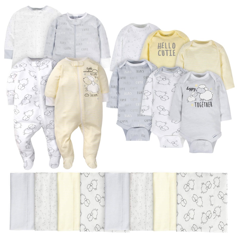 18-Piece Baby Neutral Sheep Sleep ‘N Play, Onesies Bodysuit, and Burpcloth Set
