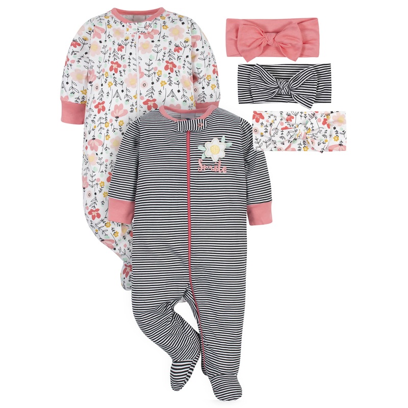 5-Piece Baby Girls Garden Floral Sleep ‘N Plays & Headbands Set