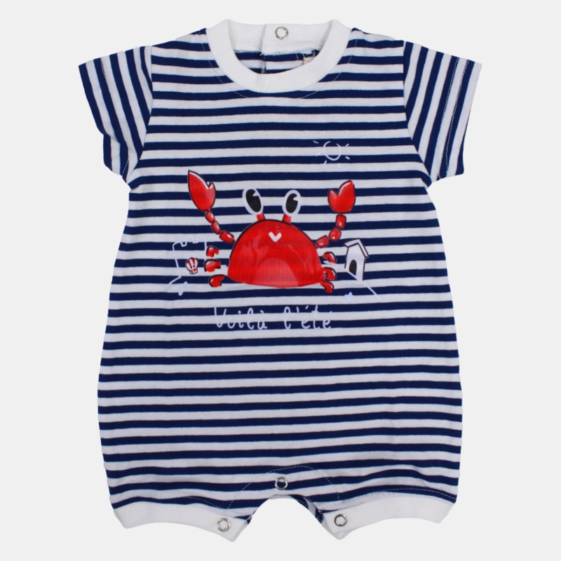Boys Striped Short-Sleeved Cotton Romper with Crab Print