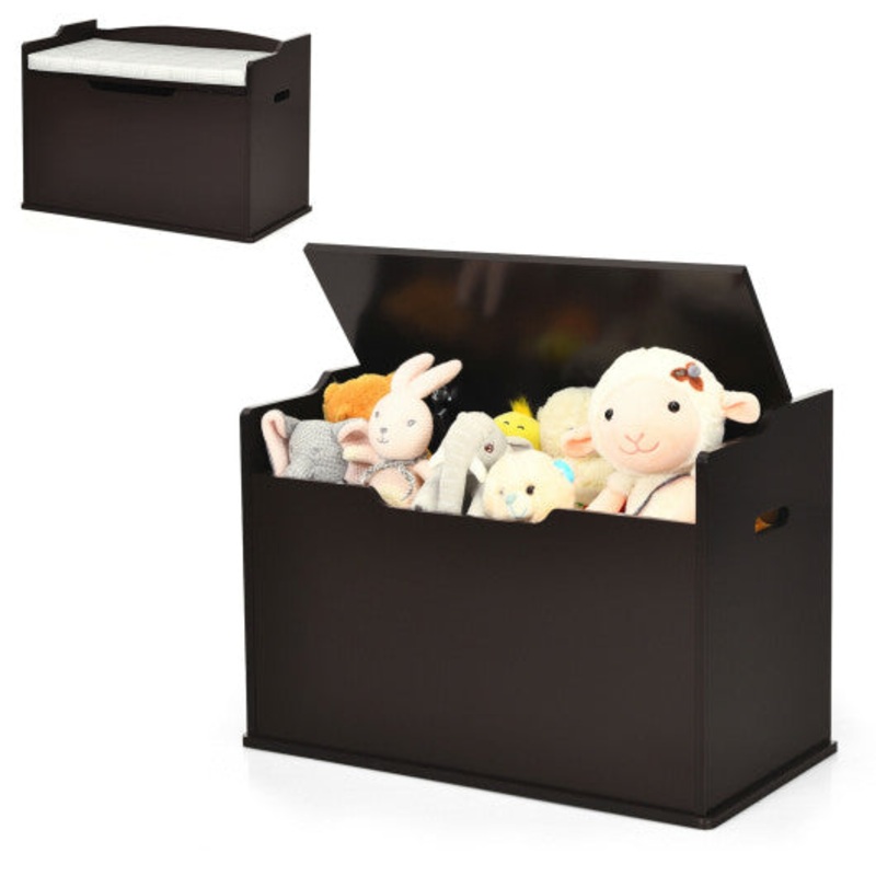 Kids Toy Wooden Flip-Top Storage Box Chest Bench With Cushion Hinge-Brown