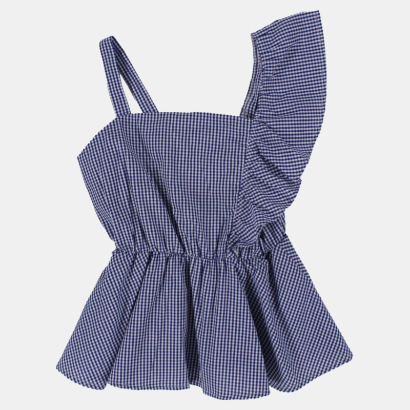 Girls Blue Sleeveless Gingham Strap Dress