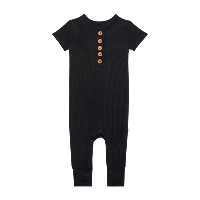 Solid Ribbed – Black – Short Sleeve Henley Romper