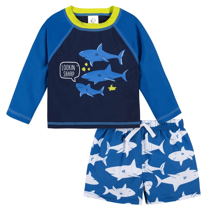 2-Piece Baby Boys UPF 50+ Shark Zone Rash Guard & Swim Trunks Set