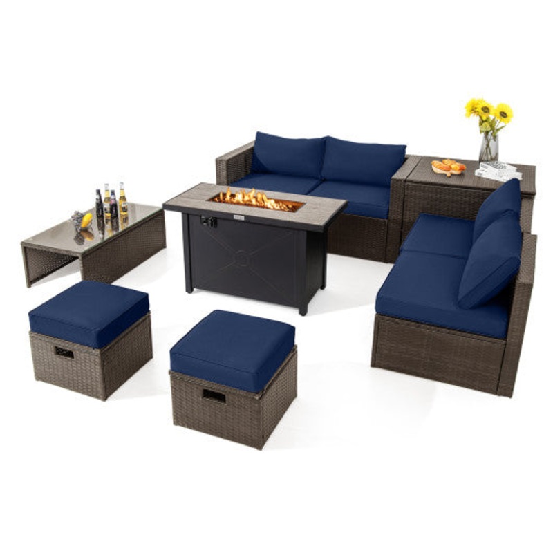 9 Pieces Outdoor Patio Furniture Set With 42 Inch Propane Fire Pit Table-Navy