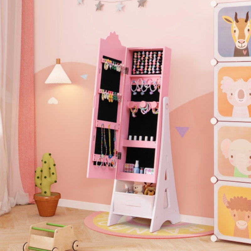 Kids Jewelry Cabinet With Full-Length Mirror and Foldable Drawer-Pink