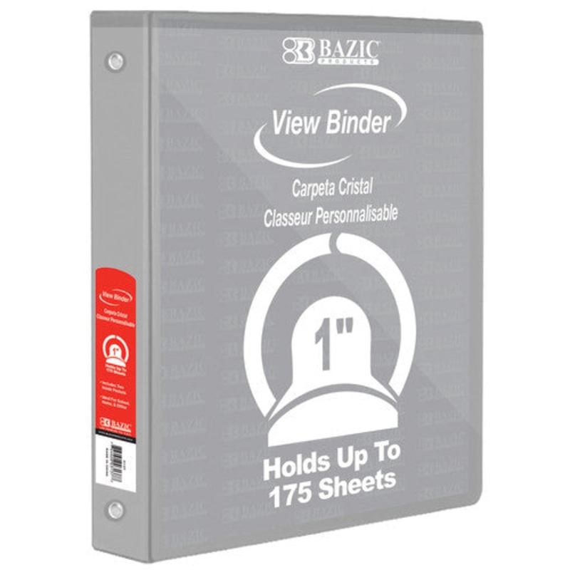 BAZIC 3-Ring View Binder with 2 Pockets, 1″, Gray