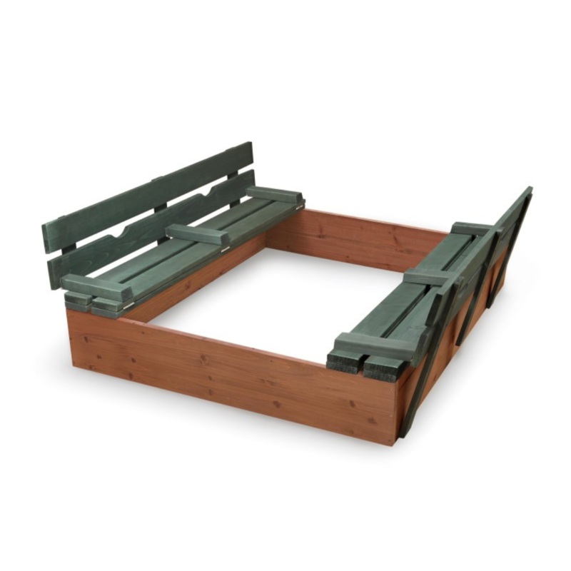 Covered Convertible Cedar Sandbox with Two Bench Seats – Natural/Green
