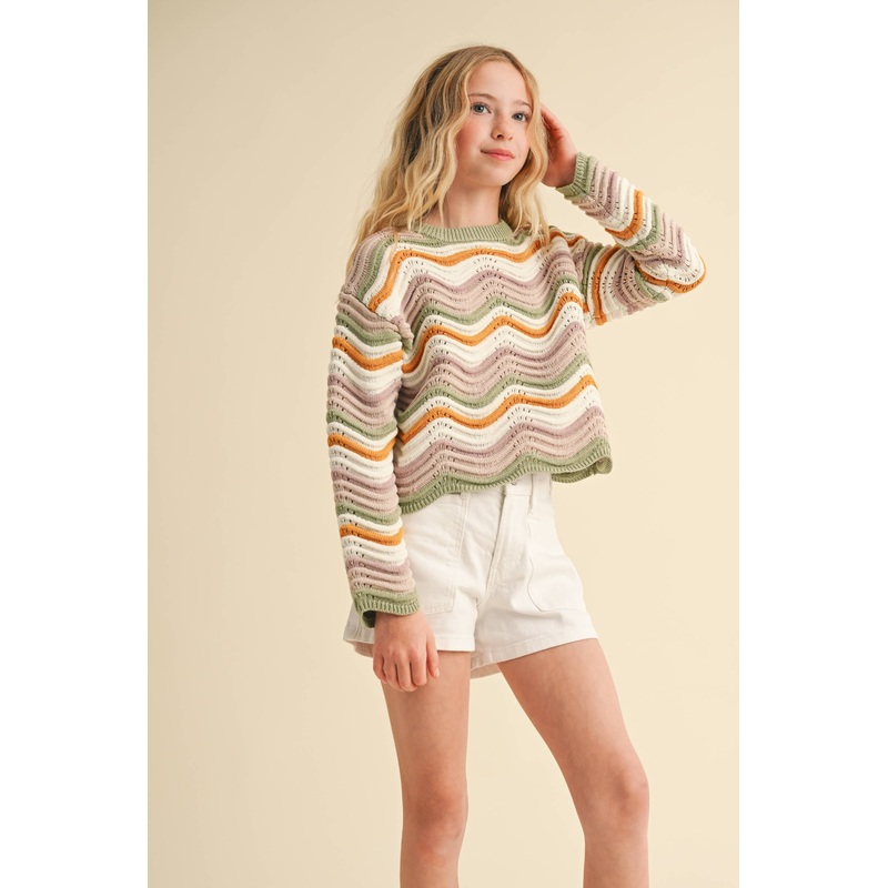 Heart And Arrow Wavy Rib Knit Pullover Crew Neck Sweater
