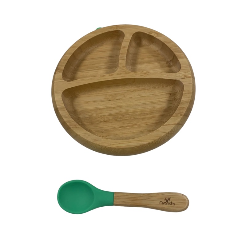 Avanchy Bamboo Suction Baby Plate and Spoon, Green
