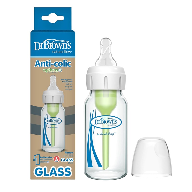 Dr. Brown’s Options+ Anti-Colic Narrow Glass Bottle 4oz, 4 oz/120 ml, Clear, Level 1 Nipple (0 months+)
