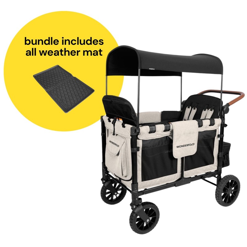 WonderFold W4 Luxe Multifunctional Quad (4 Seater) Stroller Wagon + All Weather Mat Bundle – Sandy Beige / Black Canopy (Albee Exclusive)