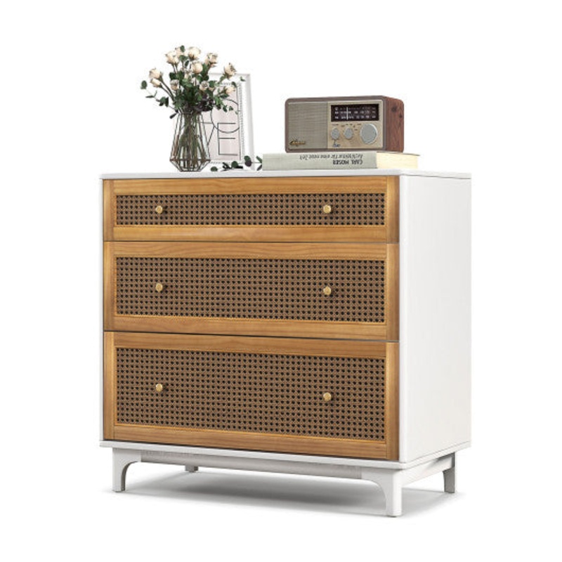 3-Drawer Rattan Dresser Chest With Anti-Toppling Device-Brown