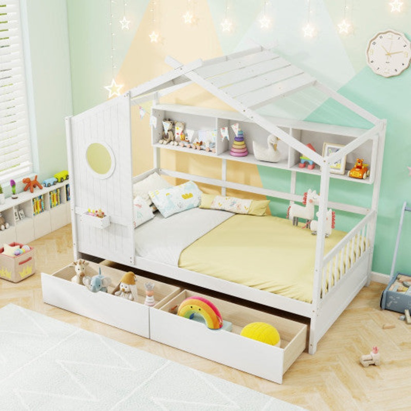 Twin Size House Bed With 2 Storage Drawers and Fence Guardrails-White